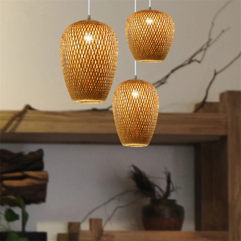 Bamboo Lampshade Led Pendant Lamp - Natural Rattan Wicker Ceiling Chandeliers With Hand - Woven E27