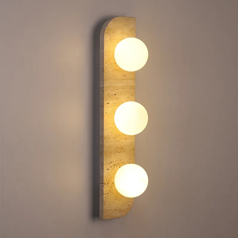 Retro Three - Head Natural Stone Art Wall Lamp - Yellow Travertine And White Glass Lampshade For