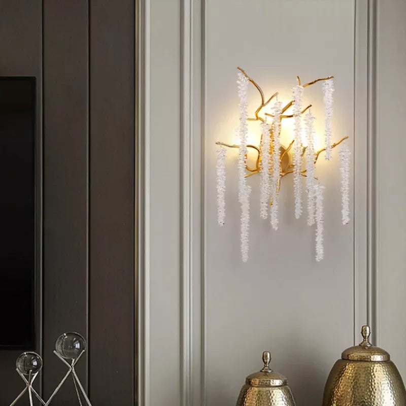 Modern Crystal G9 Led Wall Lights - Cherry Blossoms And Branches Sconce In Gold Aluminum Designer