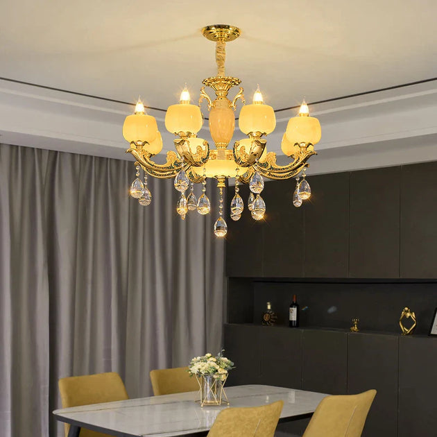 European Style Jade Crystal Chandelier - Luxury Lighting With Natural Marble Accents For Dining