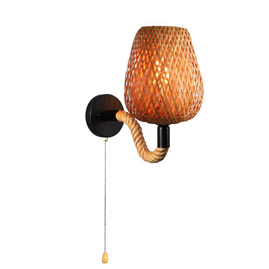 Retro Bamboo Rattan Wall Light With Switch - Vintage Hemp Rope Sconce For Bedroom And Home