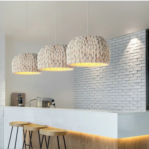 Nordic Wabi Sabi E27 Led Pendant Lights - Knitted Rope Minimalism Hanging Lamp For Dining Room And