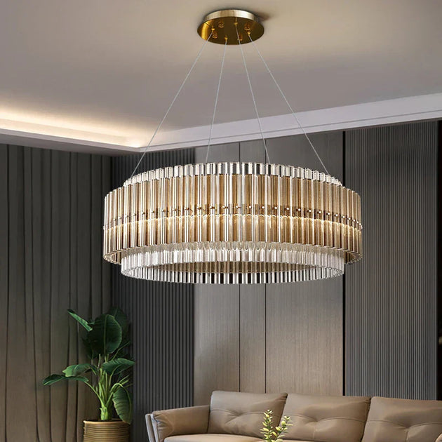 Luxury Led Chandelier For Living Room - Modern Round Glass Hanging Lamp In Gold Chandelier