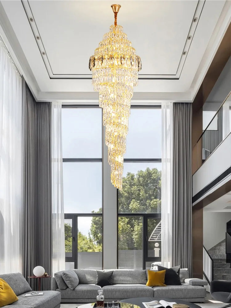 Modern Luxury Staircase Chandelier - Golden Elegance With Crystal Accents For Duplex Buildings High