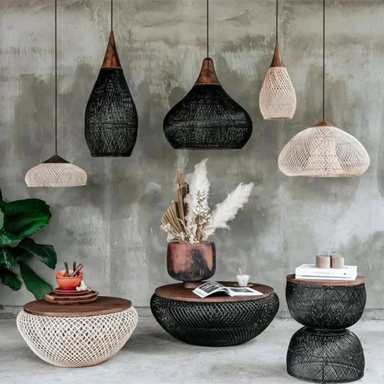 Wabi Sabi Vintage Handmade Rattan Pendant Lamps - Japanese Style Lighting For Kitchen Island And