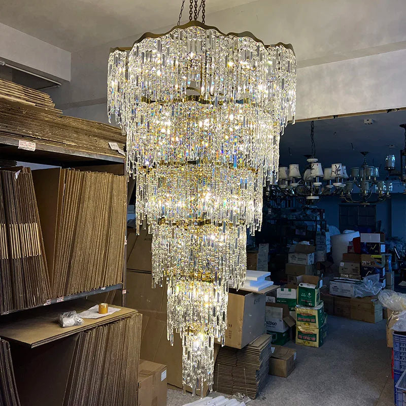 Elegant Golden Art Staircase Grand Chandelier - Luxury Crystal Illumination For Villa Halls With