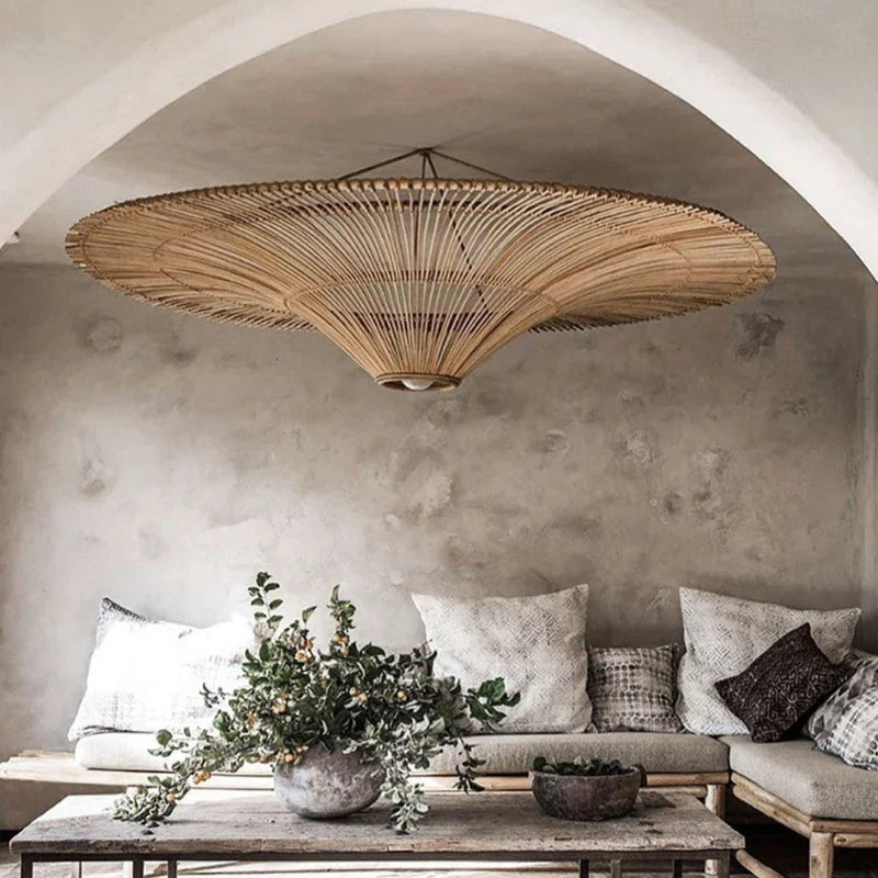 Wabi Sabi Japanese Rattan Pendant Light - Handmade Straw Hat Chandelier For Unique Decor Lights