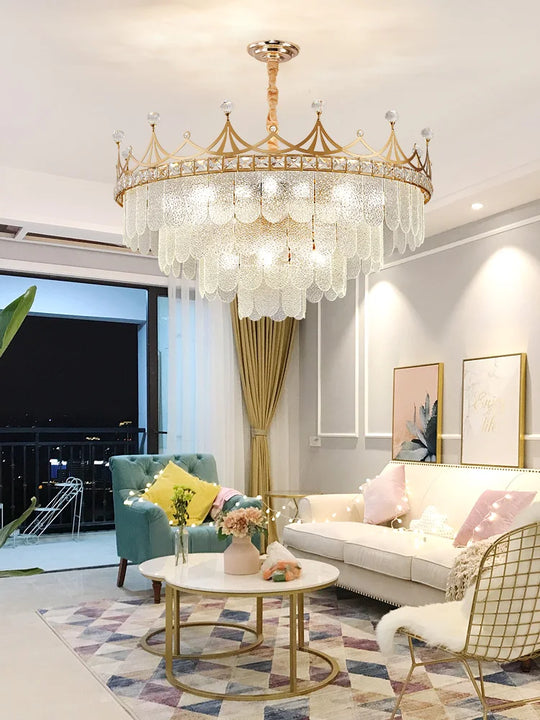 Elegant Modern Minimalist Crown K9 Crystal Chandelier - A Round Golden Fixture For Living Rooms And