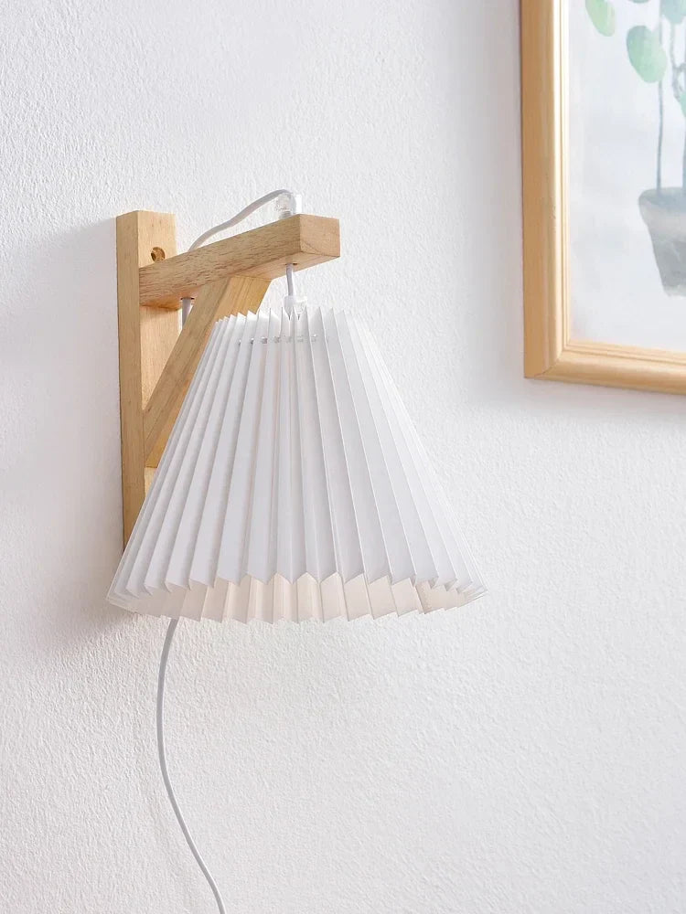 Nordic Pleated Solid Wood Wall Lamp With Plug - Simple And Stylish Lighting For Bedroom Bedside