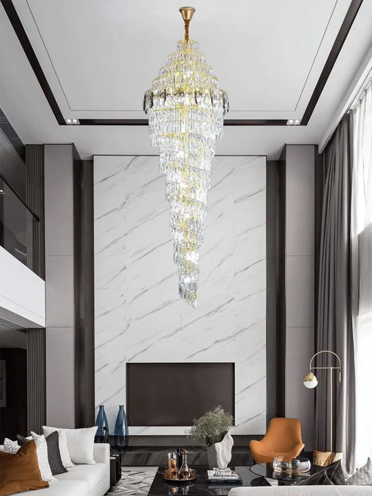 Modern Luxury Staircase Chandelier - Golden Elegance With Crystal Accents For Duplex Buildings High