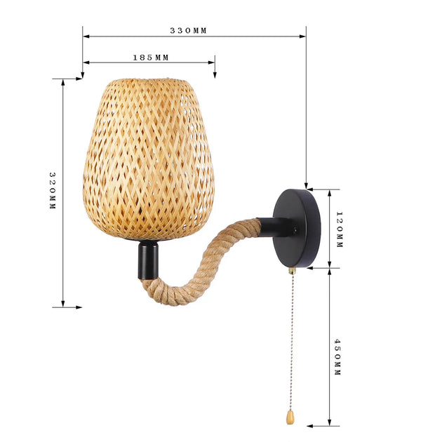 Retro Bamboo Rattan Wall Light With Switch - Vintage Hemp Rope Sconce For Bedroom And Home