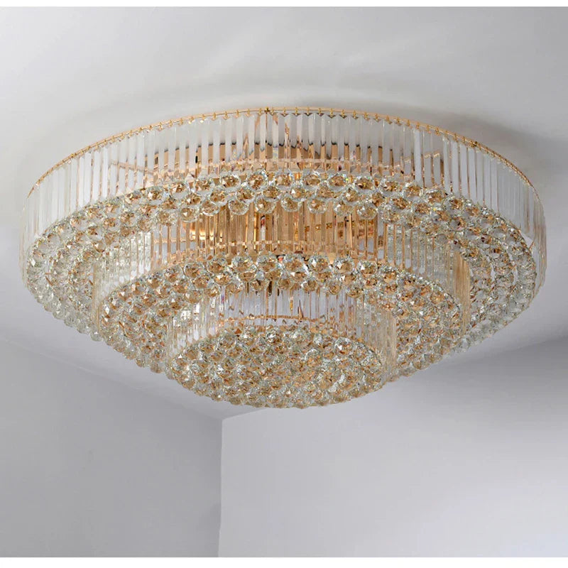 Modern Golden Rectangle Round Crystal Ceiling Light - Elegant Led Lighting For Living Rooms Dining