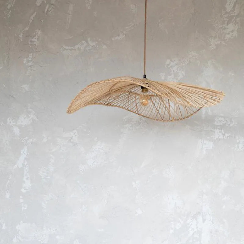 Handmade Art Rattan Pendant Lamp - Oriental Water Pattern Luminaire For Elegant Living Room And