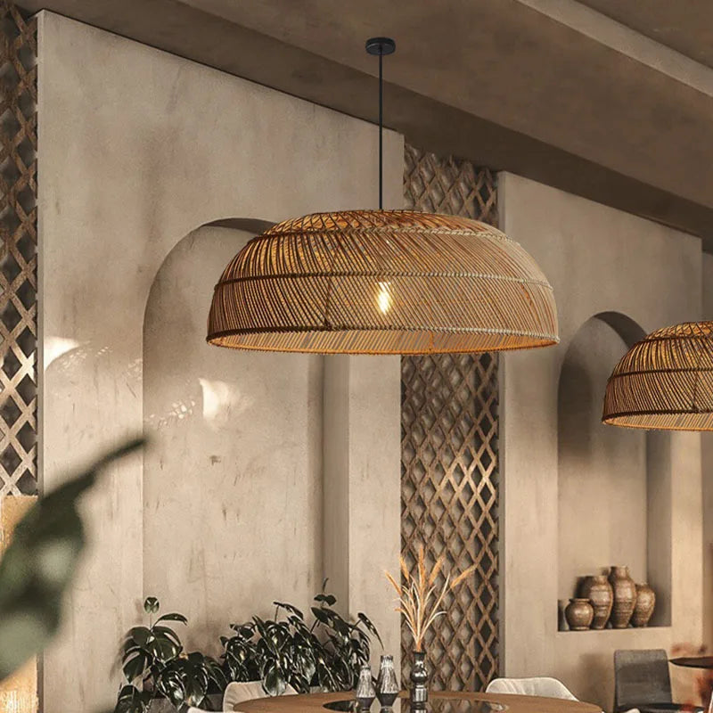 Chinoiserie Flat Rattan Pendant Light - Modern Handmade Creative Pattern Lamp For Living Rooms