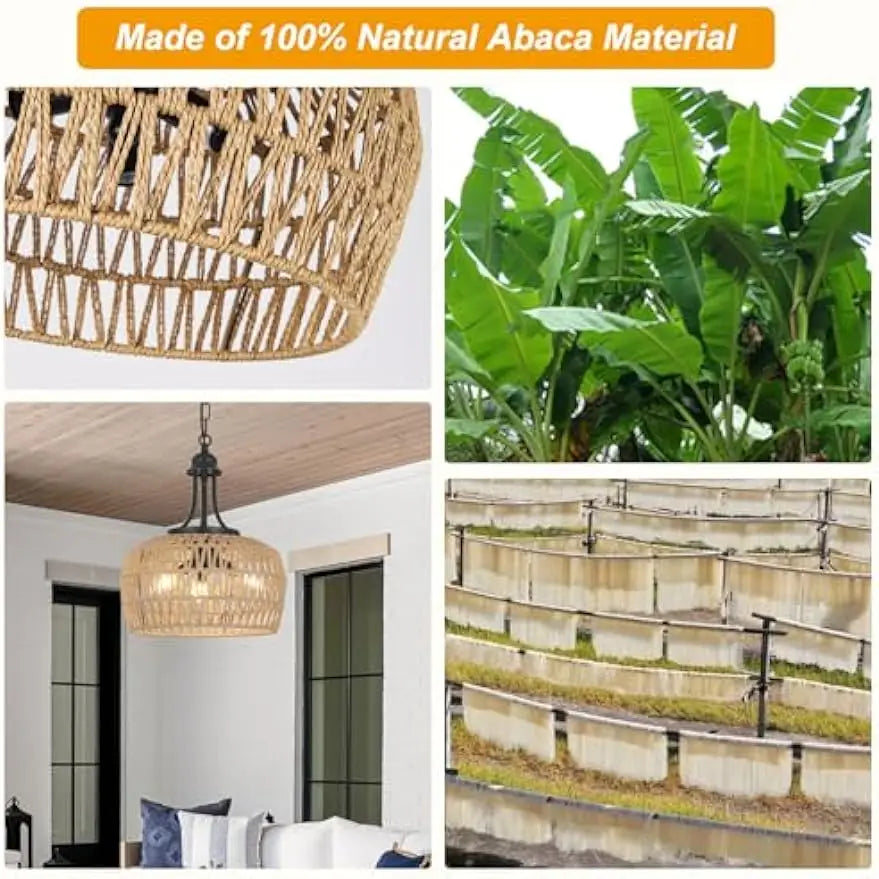 Boho Rattan Farmhouse Chandelier - 3 - Light Ceiling Fixture With Exquisite Woven Lampshade For