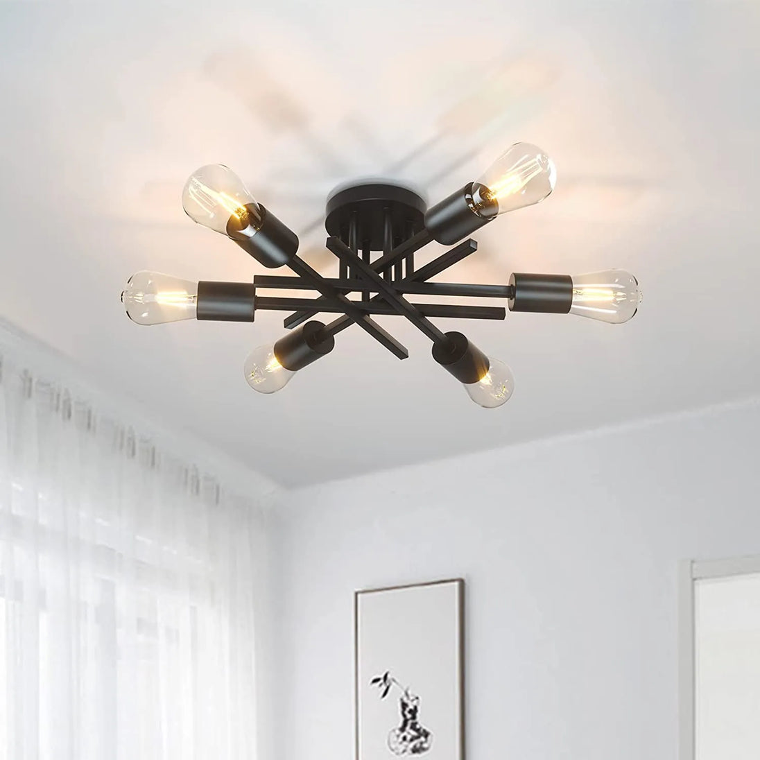 Sputnik Semi Flush Mount Chandelier - Contemporary Mid - Century Black Ceiling Light Fixture