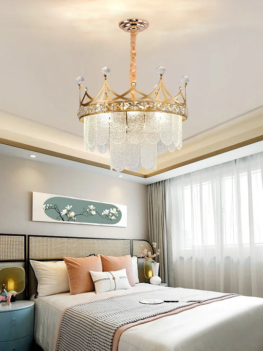 Elegant Modern Minimalist Crown K9 Crystal Chandelier - A Round Golden Fixture For Living Rooms And