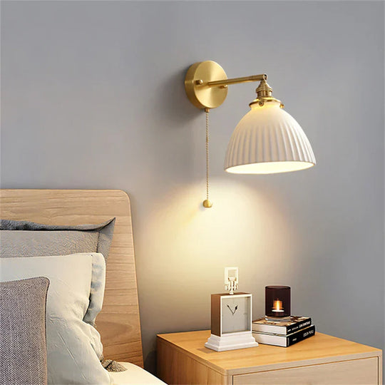 Nordic Home Decoration Bedside Ceramic Wall Light - Led Fixture With Pull Switch For Living Room